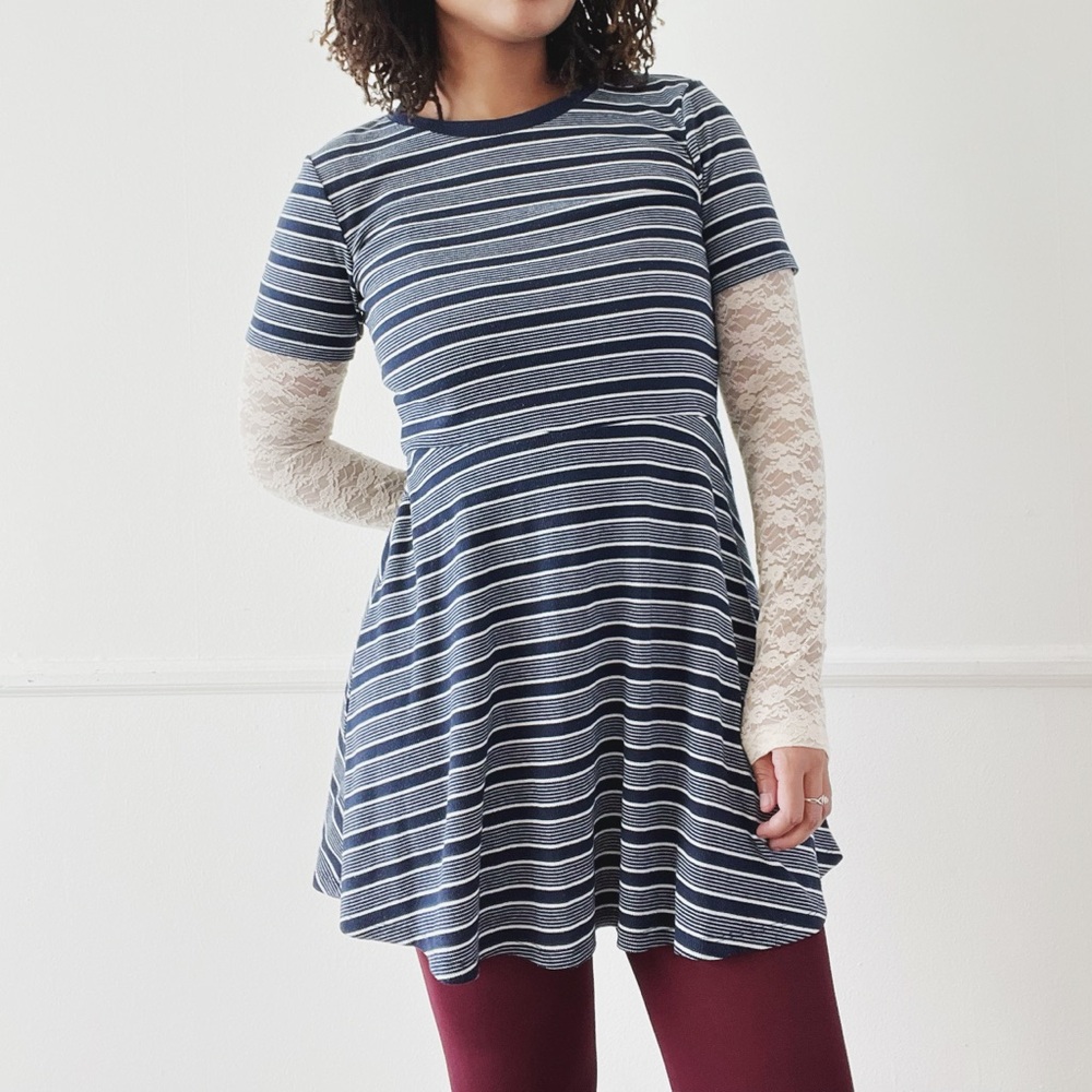 navy blue striped knit skater dress